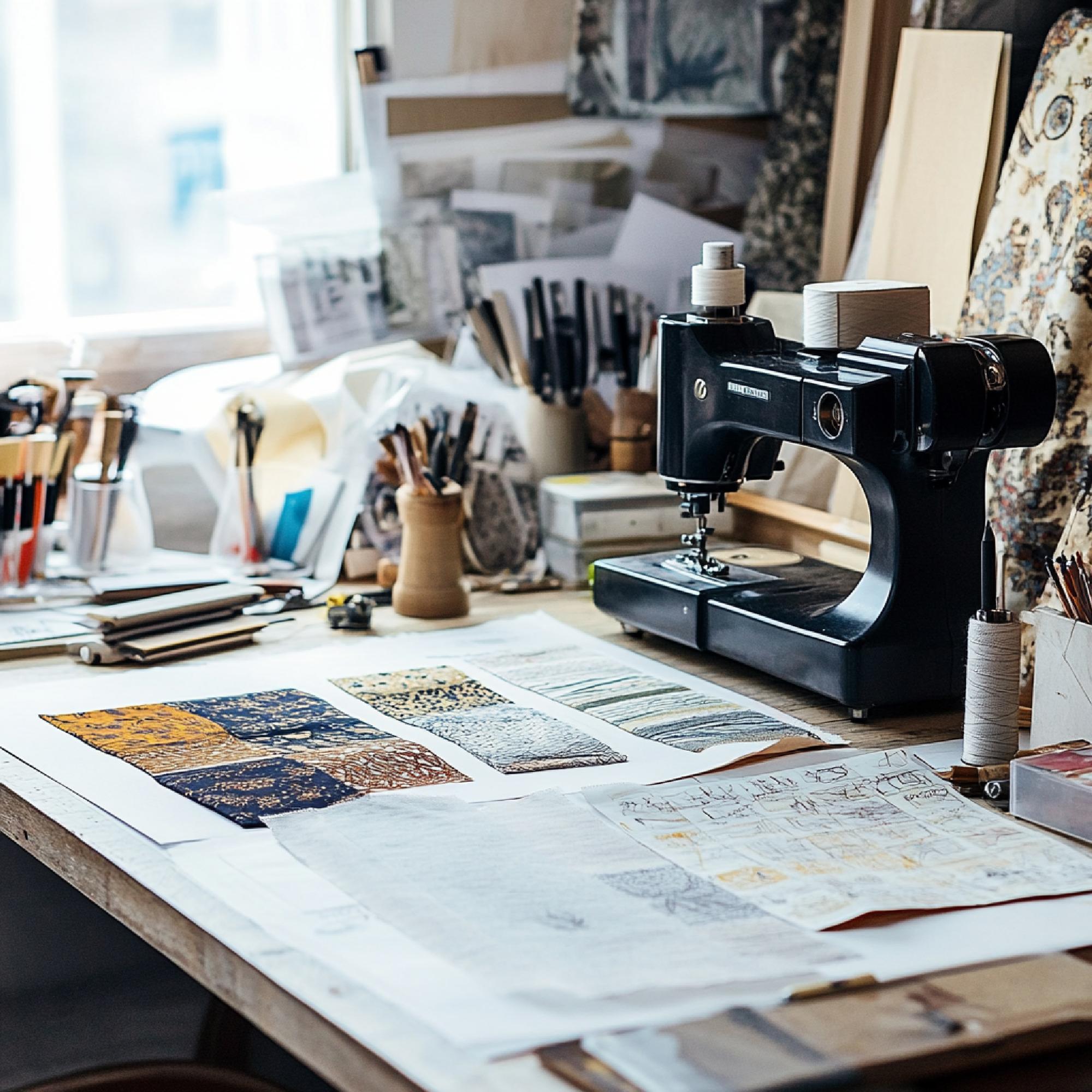 atelier z ramkami do haftu, stół roboczy